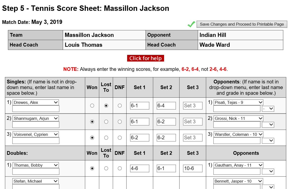 Coach Score Sheet